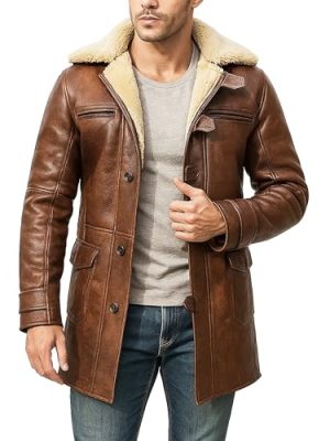 Mens Faux Shearling Brown Leather Trench Coat - Militry Faux Leather Tactical Vest Coat Jacket Cosplay Costume