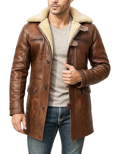 Mens Faux Shearling Brown Leather Trench Coat - Militry Faux Leather Tactical Vest Coat Jacket Cosplay Costume