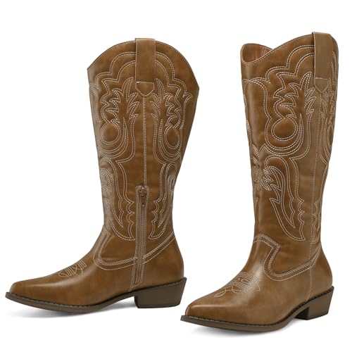 412FXHNXOAL.jpg Women's Wide Calf Cowboy Boots Pull on Cowgirl Embroidered Mid Calf Pointed Toe Chunky Heel Western Boots