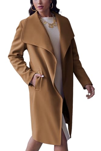 Women's Pea Trench Coat Lapel Collar Long Jacket Open Front Belted Overcoat with Pockets