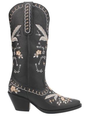 Womens Full Bloom Floral Round Toe Casual Boots Knee High Mid Heel 2-3" - Black