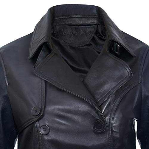 Ladies Leather Trench Coat Black Mid Length Coat Classic Jacket
