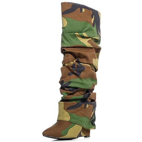 413QpOGWADL.jpg Slouched Ruched Fold Over Boots for Women Covered Wedge Heel Patent Leather Knee High Boots Wide Calf Pointed Toe Casual Boots