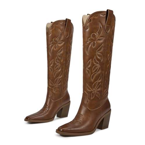 413qg7GuAtL.jpg Knee High Cowboy Cowgirl Boots for Women, Western Boots with Pull On Tab, Chunky Heel Design, Unique and Stylish