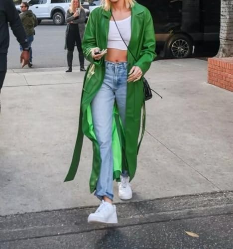 414QwInhhFL.jpg Women's Trench Coat Leather Lambskin Long Overcoat Jacket Real Genuine Green For Women