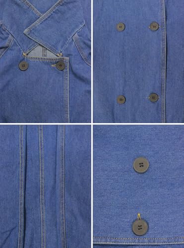 Women's Vintage Notched Collar Double Breasted Over Knee Midi Long Denim Jacket Trench Coat with Belt