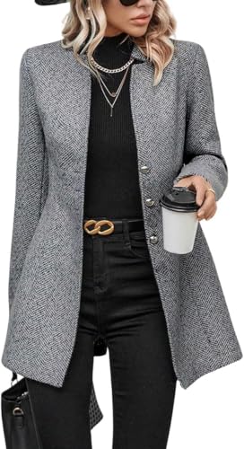 Women's Stand Collar Single Breasted Pea Coat Casual Wool Blend Mid Long Trench Coat Winter Jackets