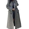 Women's Winter Houndstooth Double Breasted Trench Coat Notch Lapel Wool Blend Warm Quilted Lined Long Overcoat