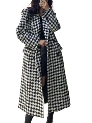 415BTiXwjL.jpg Women's Winter Houndstooth Double Breasted Trench Coat Notch Lapel Wool Blend Warm Quilted Lined Long Overcoat