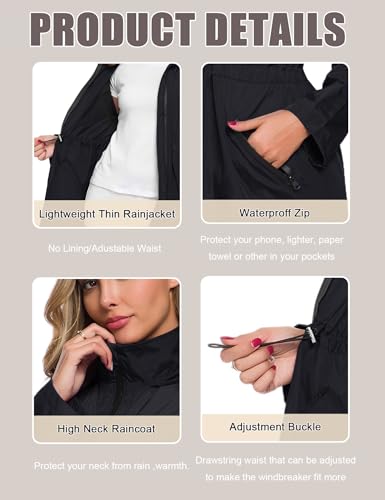 Women's Long Raincoat with Hood Outdoor Lightweight Windbreaker Rain Jacket Waterproof