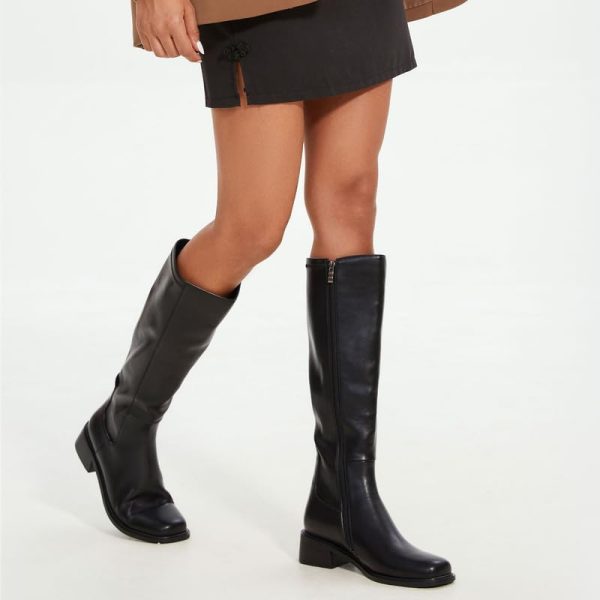 415JG0PrmoL.jpg Knee High Boots Women Faux Leather Elastic Boots Low Heel Square Toe Side Zipper Fall Long Tall Boots for Women