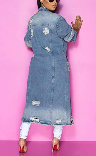 Women's Spring Fashion Ripped Holes Maxi Long Denim Jacket Trench Coat