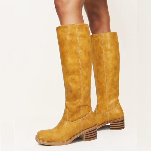 415dNPXmlUL.jpg Womens Banana Knee High Boots Square Toe Comfortable Campus Boots Block Heel Riding Boots Wide Calf Long Tall Boots