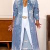 Women's Spring Fashion Ripped Holes Maxi Long Denim Jacket Trench Coat
