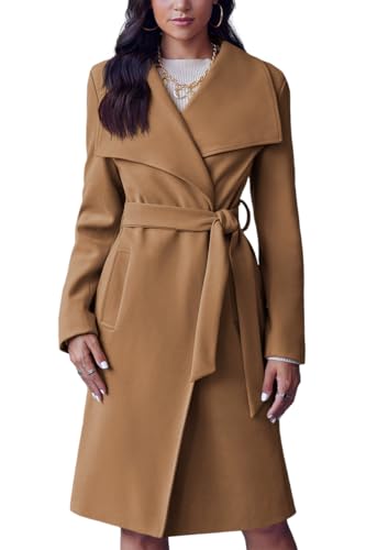 Women's Pea Trench Coat Lapel Collar Long Jacket Open Front Belted Overcoat with Pockets