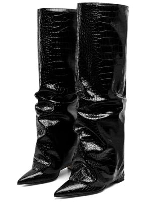 Womens Knee High Boots Wide Calf Chunky High Heel Boots Fashion Fold Over Boot Pointed Toe Winter Fall Tall Boots for Women Pull