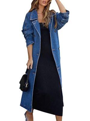 416s-EfJZiL.jpg Women's Vintage Notched Collar Double Breasted Over Knee Midi Long Denim Jacket Trench Coat with Belt