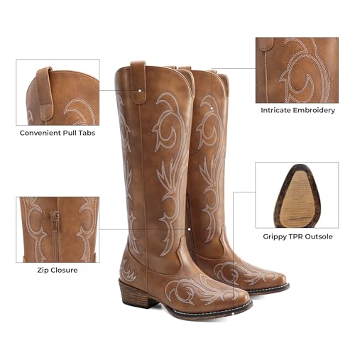 417rtXuq2UL.jpg Womens Cowboy Boots Comfortable Cowgirl Knee High Boots Pull On Side Zipper Chunky Heel Embroidered Western Boots