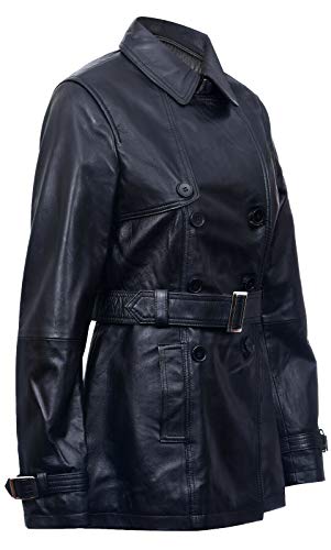 Ladies Leather Trench Coat Black Mid Length Coat Classic Jacket