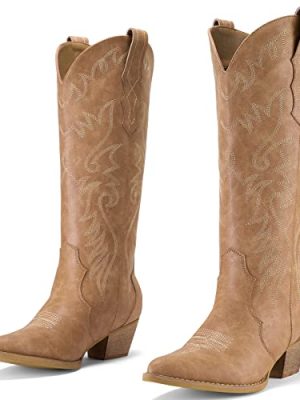 Cowboy Boots for Women Cowgirl Boots Embroidered Knee-High Western Boots Pointy Toe with Chunky Heel
