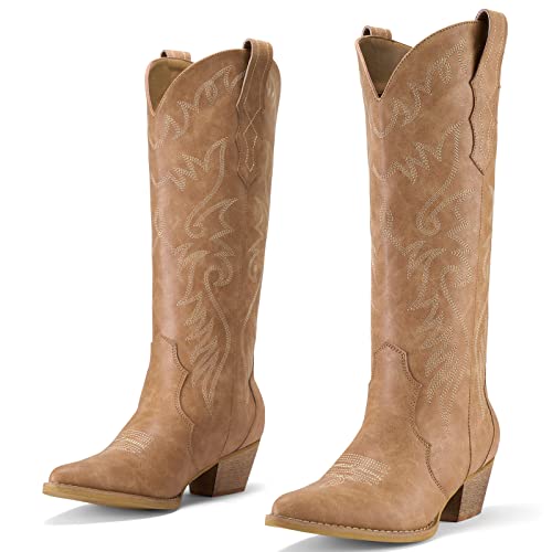 418a5p-Z5QL.jpg Cowboy Boots for Women Cowgirl Boots Embroidered Knee-High Western Boots Pointy Toe with Chunky Heel