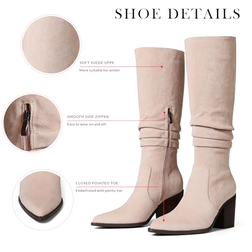 418oFRXR5WL.jpg Knee High Boots Women Suede Boots Pointy Toe Chunky Block Heels Side Zipper Wide Calf Boots Fashion Dress Tall Boots Fall Winter