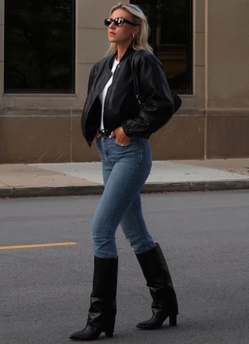 418vV22o5XL.jpg Knee High Boots Women Fold Over Knee High Boots Chunky High Heels Long Boots Zipper Pointed Toe Dress Tall Boots for Women