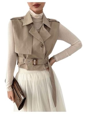 Women's Sleeveless Cropped Trench Coat with Belted Lapel Collar Vest Coat