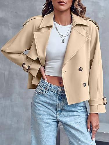 41Braqdp4fL.jpg Women Crop Double Breasted Trench Coat Raglan Sleeve Work Office Cropped Jacket With Pockets