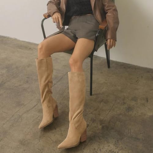 41C5Th4DpNL.jpg Womens Knee High Boots Pointed Toe Suede Boots Chunky Heel Faux Slouchy Shoes Tall Fall 2025 Side Zipper