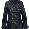 Ladies Leather Trench Coat Black Mid Length Coat Classic Jacket