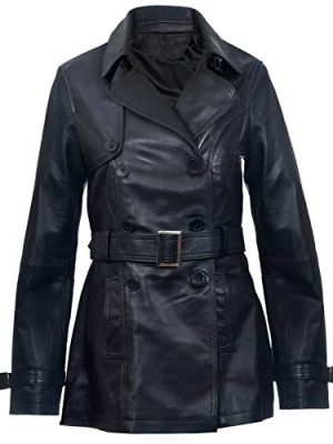 Ladies Leather Trench Coat Black Mid Length Coat Classic Jacket