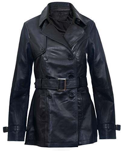Ladies Leather Trench Coat Black Mid Length Coat Classic Jacket