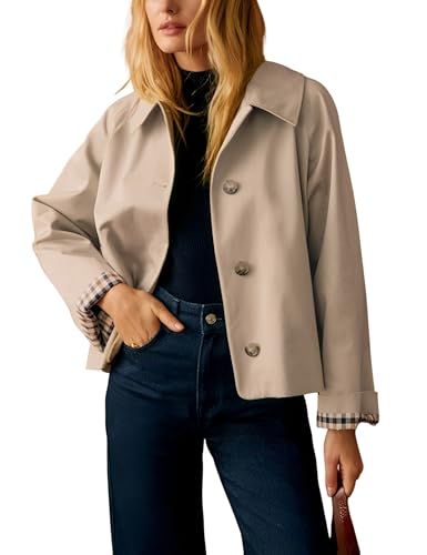 41DKlECQ0jL.jpg Womens Cropped Trench Coat Classic Collar Oversized Casual Jackets with Checkered Lining