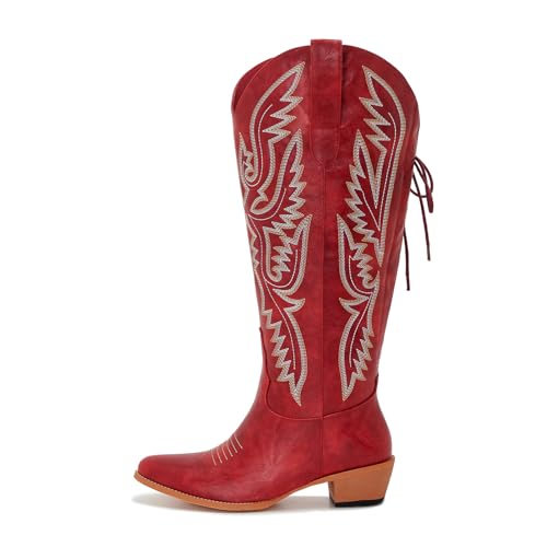 Wide Calf Cowboy Boots Women Knee High Tall Western Cowgirl Boots Adjustable Lace Up Plus Size Comfortable 2-Inch Heel