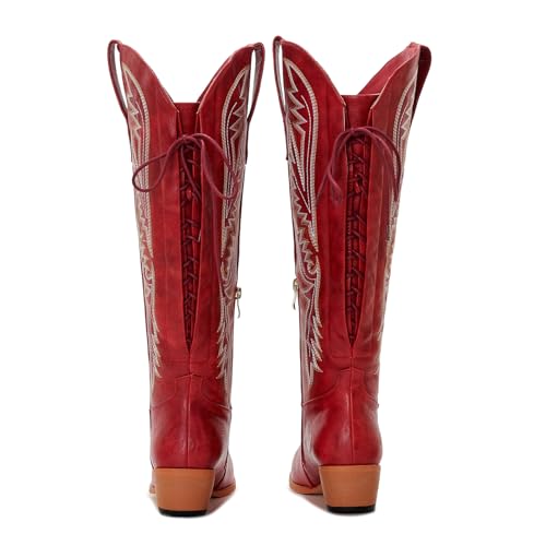Wide Calf Cowboy Boots Women Knee High Tall Western Cowgirl Boots Adjustable Lace Up Plus Size Comfortable 2-Inch Heel