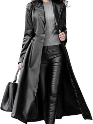 Women's Trench Coat Leather Lambskin Long Overcoat Jacket Real Genuine Black-Red For Women