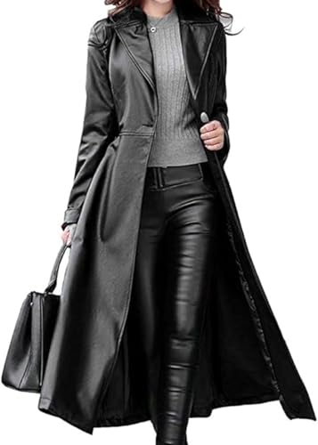 41FPn47h6IL.jpg Women's Trench Coat Leather Lambskin Long Overcoat Jacket Real Genuine Black-Red For Women