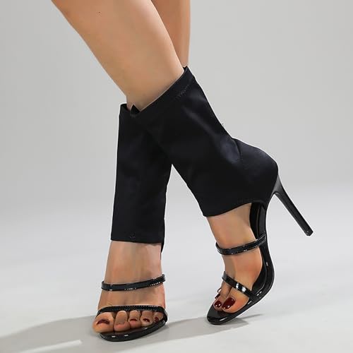 41FXYYJvMYL.jpg Women's Stretchy Cloth High Top Two Strapy Stiletto Gladiator Sandals Sexy Open Toe High Heel Summer Elastic Ankle Boot Sandals