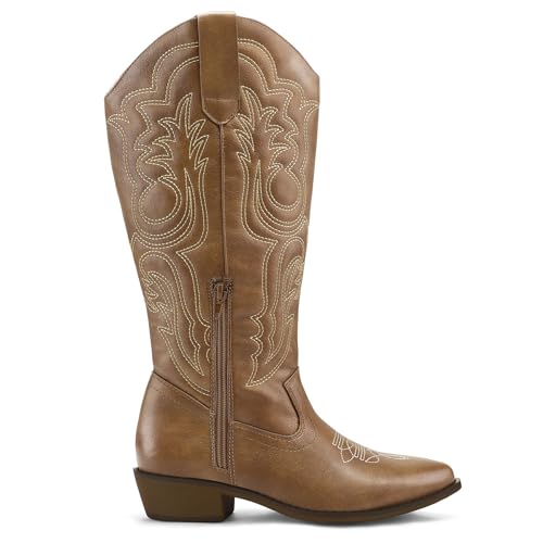 41GuRb-A2rL.jpg Women's Wide Calf Cowboy Boots Pull on Cowgirl Embroidered Mid Calf Pointed Toe Chunky Heel Western Boots