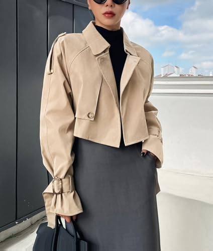 41HKd8Hyx7L.jpg Women's Cropped Trench Coat Long Sleeve Casual Jacket Classic Double-Breasted Lapel Overcoat Fashion Outerwear