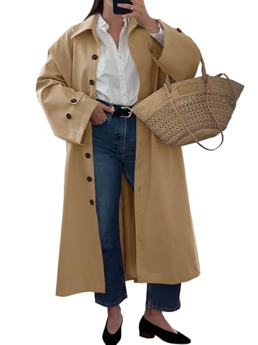 Womens Long Trench Coat Single Breasted Oversized Windproof Classic Lapel Fall Overcoat