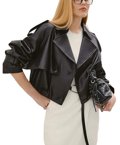 Womens Short Crop Trench Coat - Double Breasted Notched Lapel Stylish Fashion Spring Cropped Jacket for Women