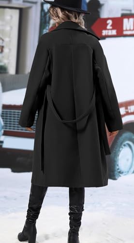 Women's Trendy Lapel Collar Double Breasted Wool Blend Coats Winter Pea Overcoat Pocketed Outwear with Belt