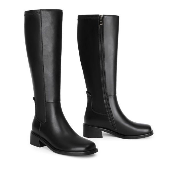 41M9AeO9MTL.jpg Knee High Boots Women Faux Leather Elastic Boots Low Heel Square Toe Side Zipper Fall Long Tall Boots for Women