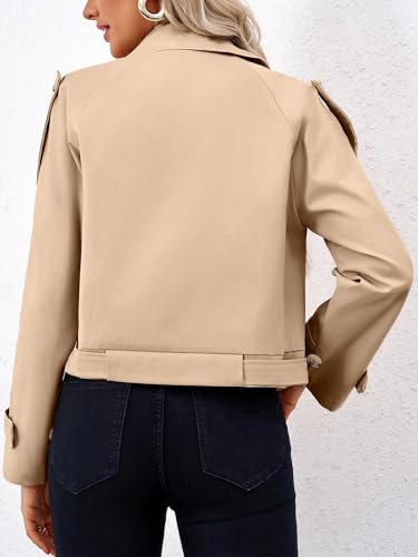 Womens Lapel Trench Coat Double Breasted Cropped Jacket Casual Outwear with Belt