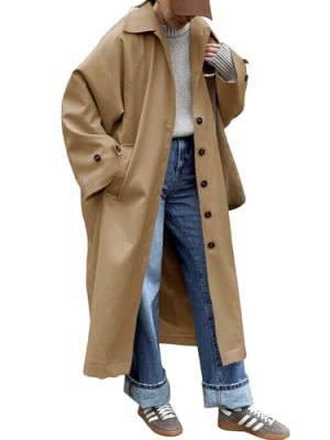 Womens Long Trench Coat Single Breasted Oversized Windproof Classic Lapel Fall Overcoat