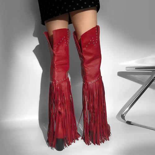 Fringe Thigh High Boots with Tassels Wide Calf Over Knee Western Cowboy Boots