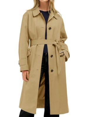 Womens Trench Coats Single Breasted Long Windproof Overcoat with Pockets and Belt