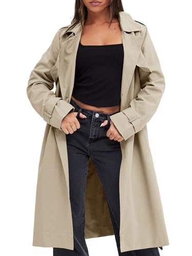 41MdiCxveGL.jpg Women's Double Breasted Trench Coats Causal Windproof Long Lapel Pocketed Overcoat with Belt